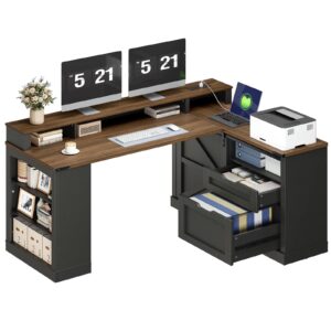 Farmhouse L-Shaped Executive Desk with Drawers, Black and Walnut 53-Inch Corner Computer Desk Equipped with File Cabinet, Monitor Stand and Power Strip, Suitable for Home Office and Study