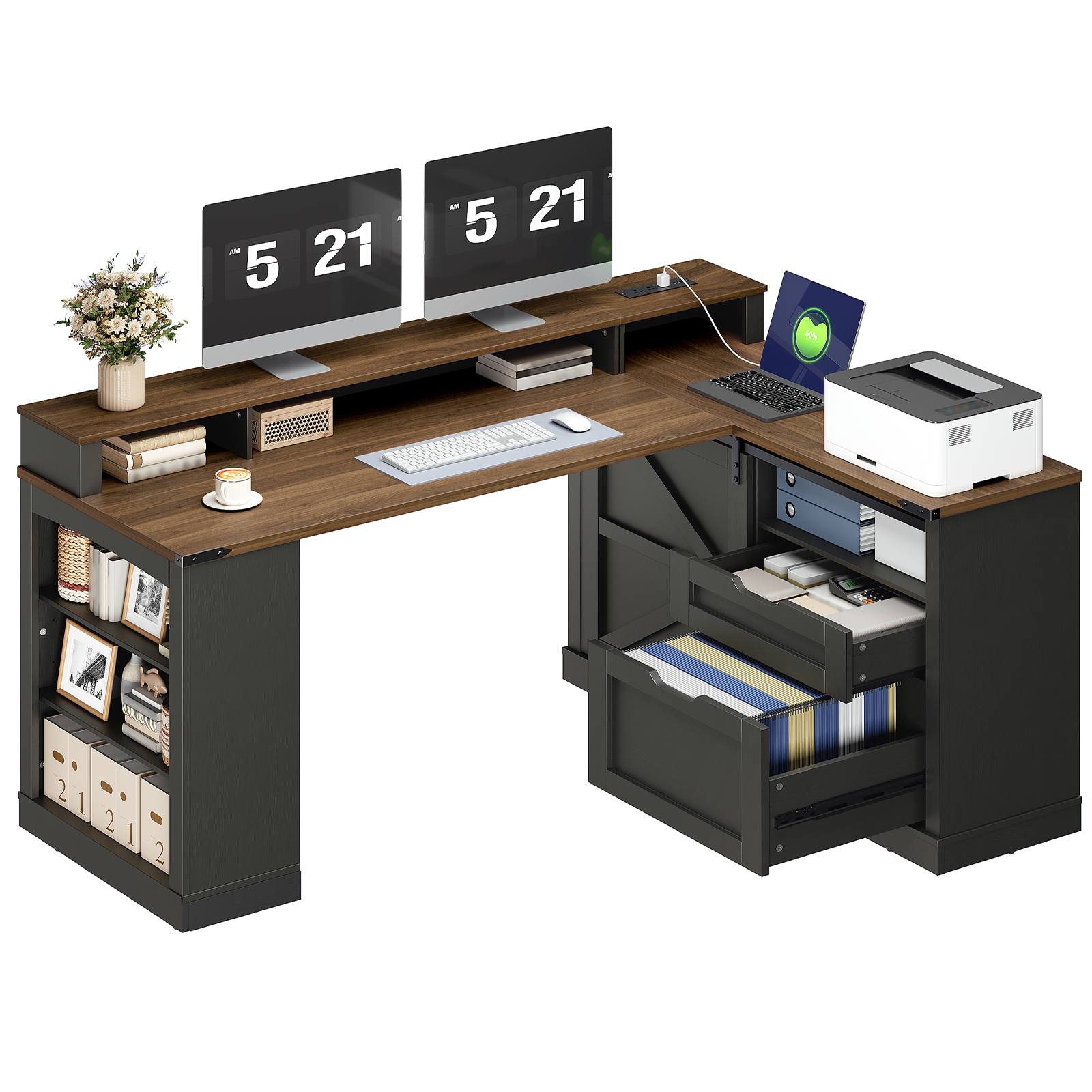 Farmhouse L-Shaped Executive Desk with Drawers, Black and Walnut 53-Inch Corner Computer Desk Equipped with File Cabinet, Monitor Stand and Power Strip, Suitable for Home Office and Study