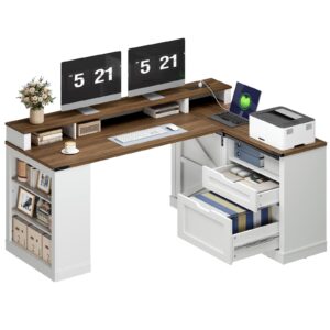 Farmhouse L-Shaped Executive Desk with Drawers, White & Walnut Corner Computer Desk with File Cabinet, Monitor Stand and Integrated Power Strip for Home Office and Study