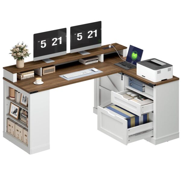 Farmhouse L-Shaped Executive Desk with Drawers, White & Walnut Corner Computer Desk with File Cabinet, Monitor Stand and Integrated Power Strip for Home Office and Study
