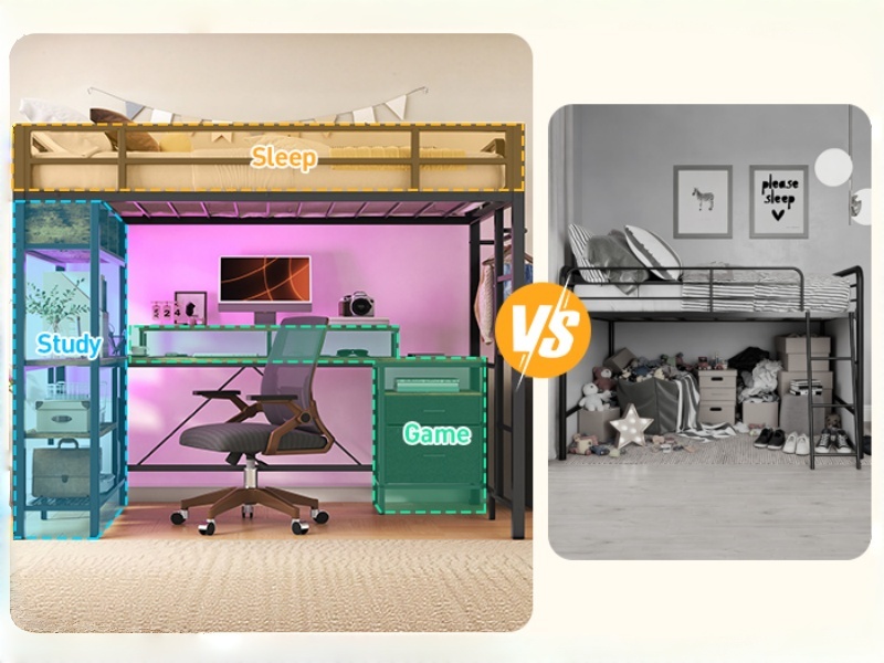 Rustic Brown Twin Size Metal Loft Bed with L-Shaped Desk, 2 Storage Drawers, Charging Station and LED Light, Equipped with Hanging Rod, Stairs and Safety Guardrail