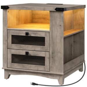 Farmhouse End Table with Charging Station, 24''Large Sofa Side Table with LED Light and 2 Drawers, Square Nightstand with Side Shelves, for Bedroom, Living Room, Office, Grey