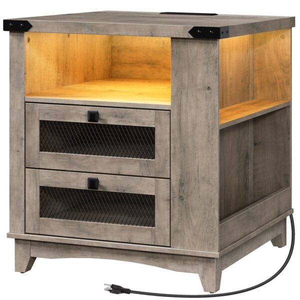 Farmhouse End Table with Charging Station, 24''Large Sofa Side Table with LED Light and 2 Drawers, Square Nightstand with Side Shelves, for Bedroom, Living Room, Office, Grey
