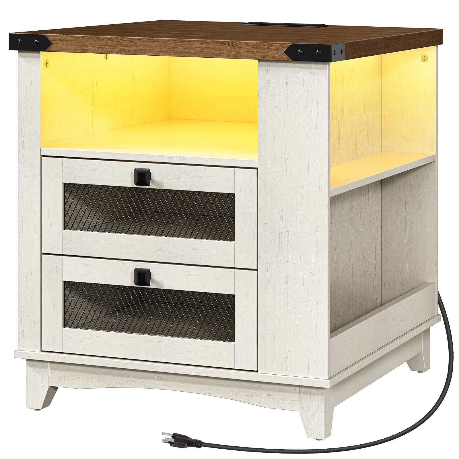 Farmhouse End Table with Charging Station, 24''Large Sofa Side Table with LED Light and 2 Drawers, Square Nightstand with Side Shelves, for Bedroom, Living Room, Office, White and Walnut