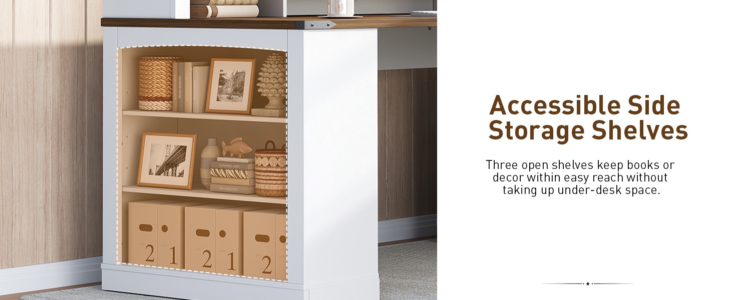 Farmhouse L-Shaped Executive Desk with Drawers, White & Walnut Corner Computer Desk with File Cabinet, Monitor Stand and Integrated Power Strip for Home Office and Study