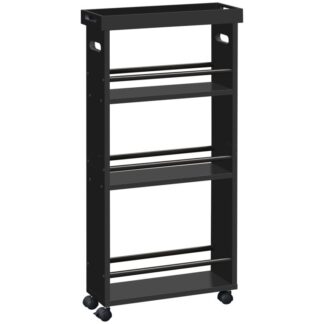 4-Tier vékony tároló kocsi kerekekkel, bambusz gördülő konyhai kocsi cserélhető tálcával, Mosoda kocsi nyitott polckezelővel a kis terekhez a hálószobában, konyha, mosoda, fekete