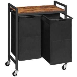 laundry hamper, mosoda 2 szakasz, Mosodai kosár kerekekkel, gördülő kocsi, kihúzható és eltávolítható Oxford szövetmosó táskák, rusztikus barna és fekete