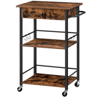 Konyha -sziget gördülő kocsi a kerekeken, Konyhai kocsi fiókkal, 3-Tier tároló kocsi horgokkal és fogantyúval, konyhához, ebédlő, nappali, rusztikus barna