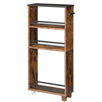 4-szintű vékony tároló kocsi, keskeny konyhai tároló kocsi kerekekkel és lábakkal, vékony gördülő tároló kosár fogantyúval és horgokkal a fürdőszobához, mosókonyha, rusztikus barna és fekete