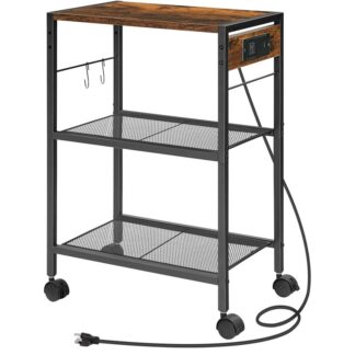 Ipari nyomtatóállvány, 3-Szintű mobil nyomtatóasztal, Gördülő kosár tápegységekkel és USB -portokkal, Otthoni nyomtató állvány 2 Horgok, irodában, Nappali, Rusztikus barna