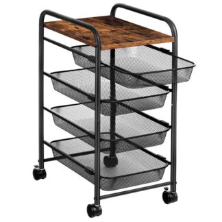 konyhai tároló kocsi, 4 szintű gördülő kocsi kerekekkel, ipari rúd, Zárható közüzemi kosár háló kosarakkal keskeny helyhez az étkező fürdőszobáján, rusztikus barna és fekete,