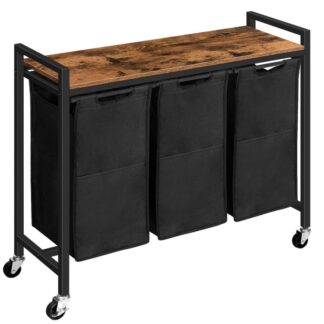 laundry hamper, mosoda 3 szakasz, Mosodai kosár kerekekkel, 3 x 10.5 bili (39.8L), gördülő kocsi, kihúzható és eltávolítható Oxford szövetmosó táskák, rusztikus barna és fekete