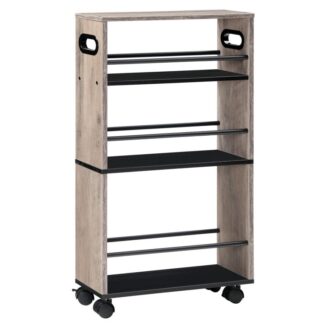 4-szintű vékony gördülő kocsi, Tároló kosár mosókonyha számára, keskeny konyhai kosár fogantyúval és zárt görgőkkel, helymegtakarítás, könnyű összeszerelés, konyhához, fürdőszoba, greige és fekete