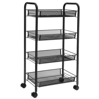 gördülő kocsi, 4-szintű hálóháló huzal tároló segédkocsi, többfunkciós kosár 4 Állítható huzalkosarak és zárt kerekek, Könnyen összeszerelhető, otthon, konyha, hivatal, fekete