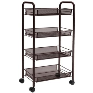 gördülő kocsi, 4-szintű hálóháló huzal tároló segédkocsi, többfunkciós kosár 4 Állítható huzalkosarak és zárt kerekek, Könnyen összeszerelhető, otthon, konyha, hivatal, barna