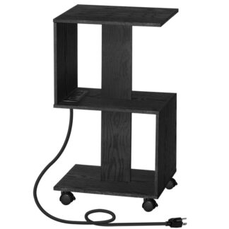 Keskeny éjjeliszekrény töltőállomással, Fehér éjjeliszekrény asztali aljzatokkal és USB -portokkal, S alakú oldalsó asztal, 3-Szintű éjjeliszekrény kerekekkel, a hálószobához, Nappali, Fekete