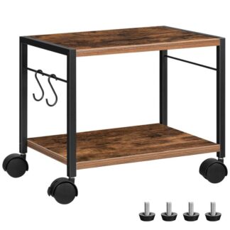 Mobil nyomtató állvány, 2-Szintű nyomtató kocsi tárolóval, Íróasztal alatti tárolóhengerelés a kerekeken és 2 Horgok, Ipari nyomtatóasztal, az Otthon számára, Hivatal, Scanner, Rusztikus barna