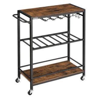 24.8" Bárkosár, Otthoni bár kiszolgáló kosár, 3-Szintű konyhai kocsi borosállványtal, Üvegtartó, Italkocsi a kerekeken, Gördülő kocsi