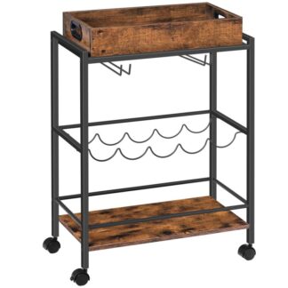 Bar kosár a házhoz, 3-Szintű otthoni gördülő kosár bortartóval és kupatartóval, italtároló kocsi cserélhető fa tálcával, konyhához, étkező, bár, rusztikus barna