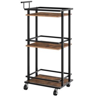 Bár kocsi otthon, Fából készült kiszolgáló kocsi, Mobil konyhai kocsi kerekeken, Keskeny tároló kosár kis helyhez, konyhához, Ebédlő, Nappali, Rusztikus barna