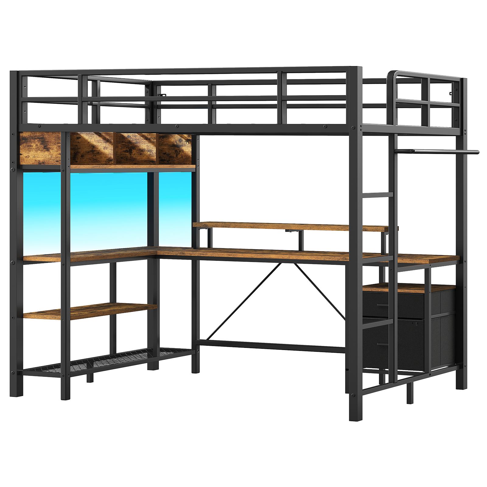 Rustic Brown Twin Size Metal Loft Bed with L-Shaped Desk, 2 Storage Drawers, Charging Station and LED Light, Equipped with Hanging Rod, Stairs and Safety Guardrail