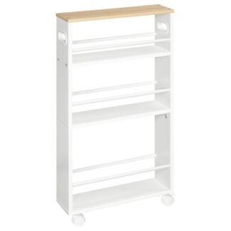 Keskeny kosár konyha, 45 x 15 x 80 cm, Konyha tálaló kocsi 4 szint, konyhai polc 360 forgó kerekek és korlátok, Könnyen összeszerelhető, erős, ipari, fehér és természetes