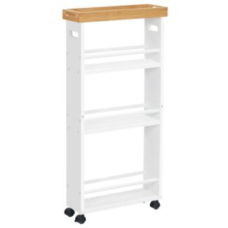 4-Tier vékony tároló kocsi kerekekkel, bambusz gördülő konyhai kocsi cserélhető tálcával, Mosoda kocsi nyitott polckezelővel a kis terekhez a hálószobában, konyha, mosoda, fehér