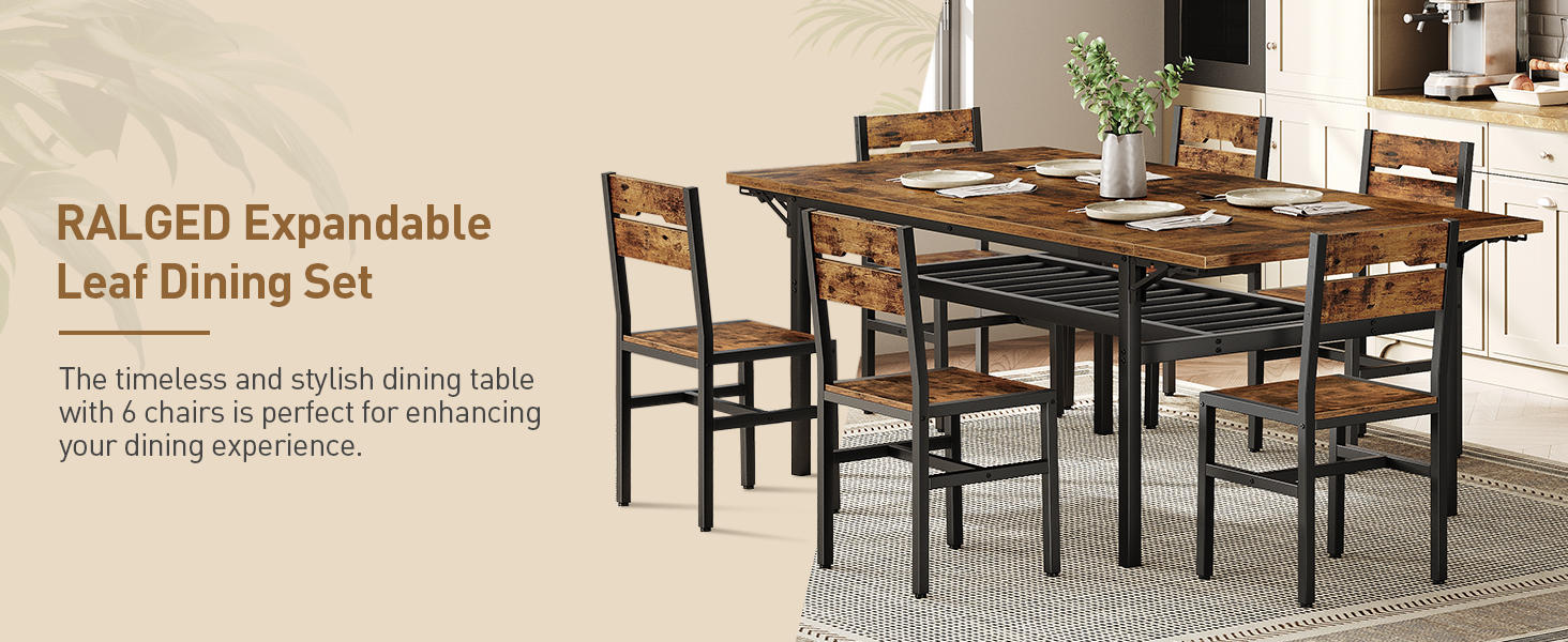 7-Piece Dining Table Set, Extendable & Foldable Dining Table with 6 Chairs, Industrial-Style Kitchen Dining Set Equipped with Storage Shelf, Metal-Frame Furniture for Dining Room, Rustic Brown & Black Finish