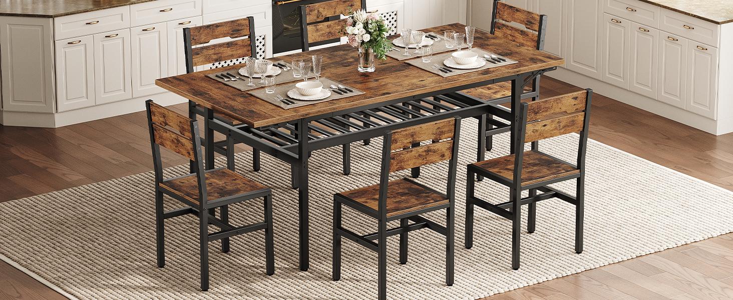 7-Piece Dining Table Set, Extendable & Foldable Dining Table with 6 Chairs, Industrial-Style Kitchen Dining Set Equipped with Storage Shelf, Metal-Frame Furniture for Dining Room, Rustic Brown & Black Finish