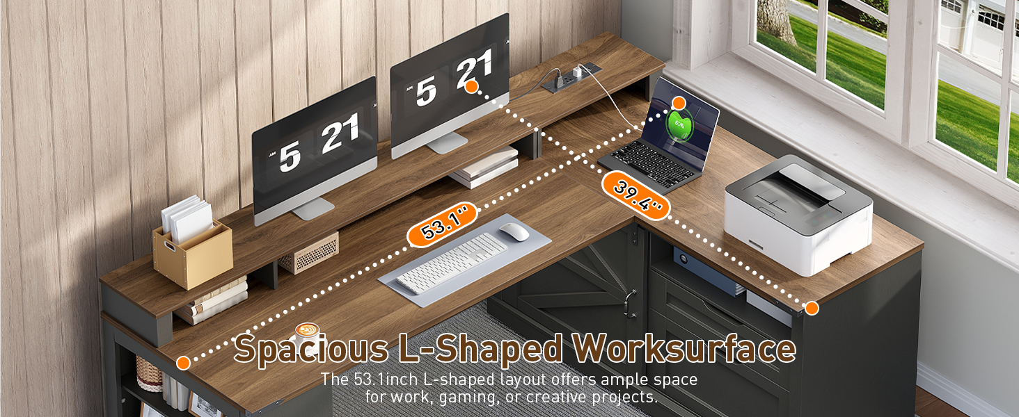 Farmhouse L-Shaped Executive Desk with Drawers, Black and Walnut 53-Inch Corner Computer Desk Equipped with File Cabinet, Monitor Stand and Power Strip, Suitable for Home Office and Study