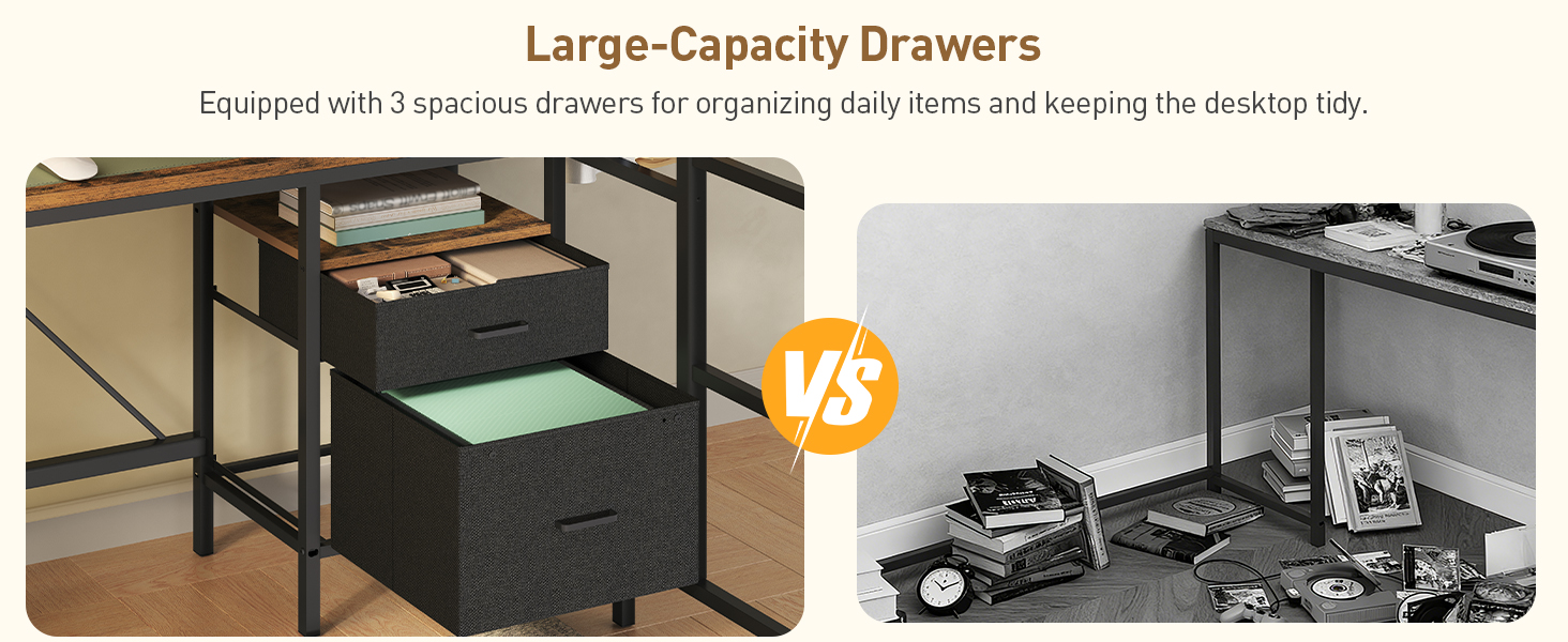 Rustic Brown Twin Size Metal Loft Bed with L-Shaped Desk, 2 Storage Drawers, Charging Station and LED Light, Equipped with Hanging Rod, Stairs and Safety Guardrail