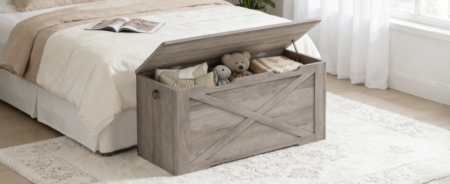 Wooden Storage Bench with Metal Hinge and Pull Handles, Multifunctional Toy Chest for Living Room, Bedroom and Entrance, Grey