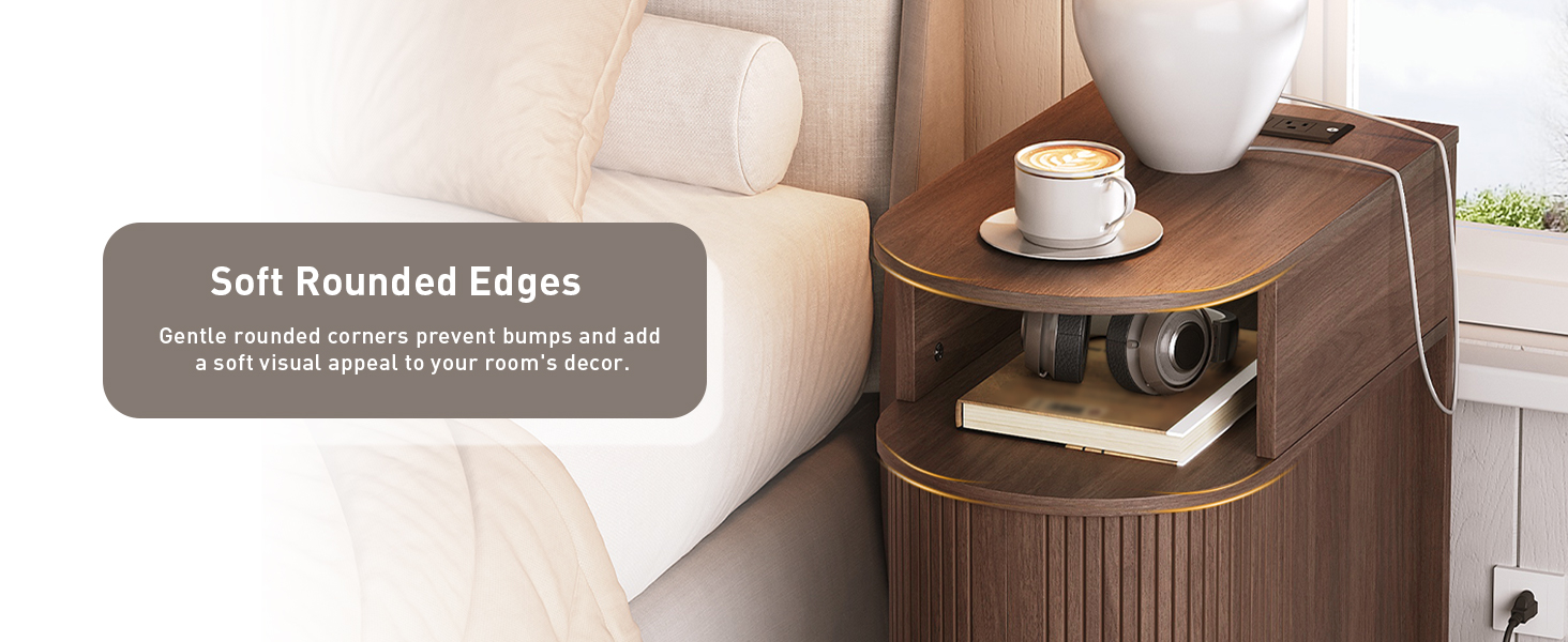 RALGEND Narrow End Table with Charging Station, Fluted Sofa Side Table with Sliding Curved Door and Storage Shelf, Mid-Century Bedside Table, Modern Nightstand for Living Room, Bedroom, Walnut