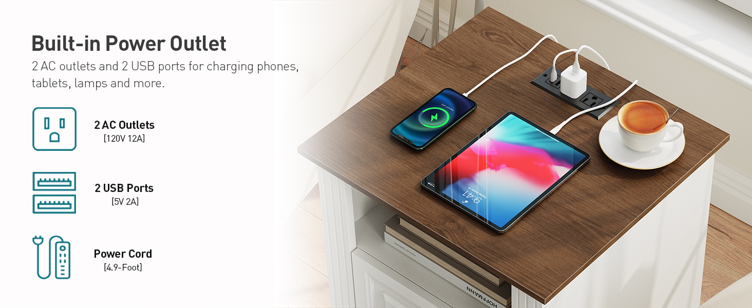 RALGEND Farmhouse End Table with 2 Drawers, Nightstand with Charging Station, End Tables Living Room with LED Lights, Bedside Table for Bedroom, Living Room, White and Walnut