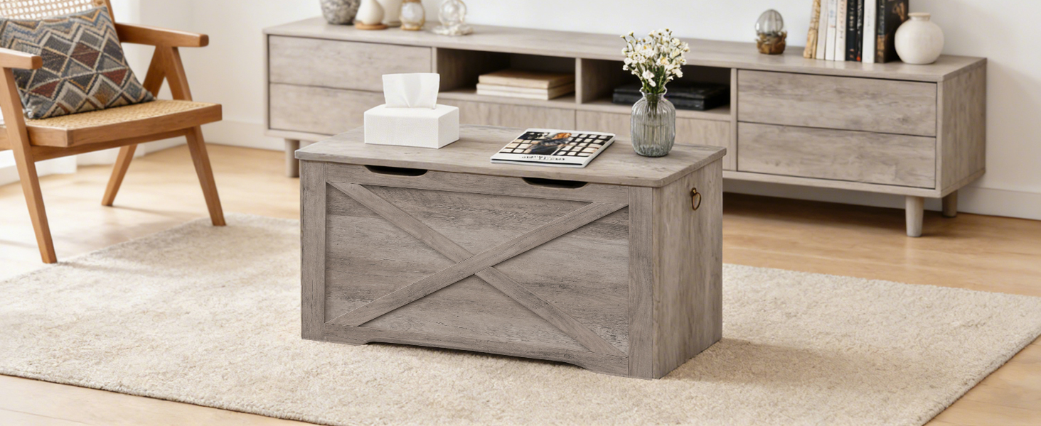 Wooden Storage Bench with Metal Hinge and Pull Handles, Multifunctional Toy Chest for Living Room, Bedroom and Entrance, Grey