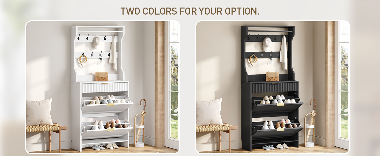 RALGEND Hall Tree with Shoe Storage, Shoe Cabinet with Coat Rack, Coat Rack with Shoe Storage, Shoe and Coat Rack for Entryway, Narrow Hidden Shoe Storage Cabinet with 2 Flip Drawers, White