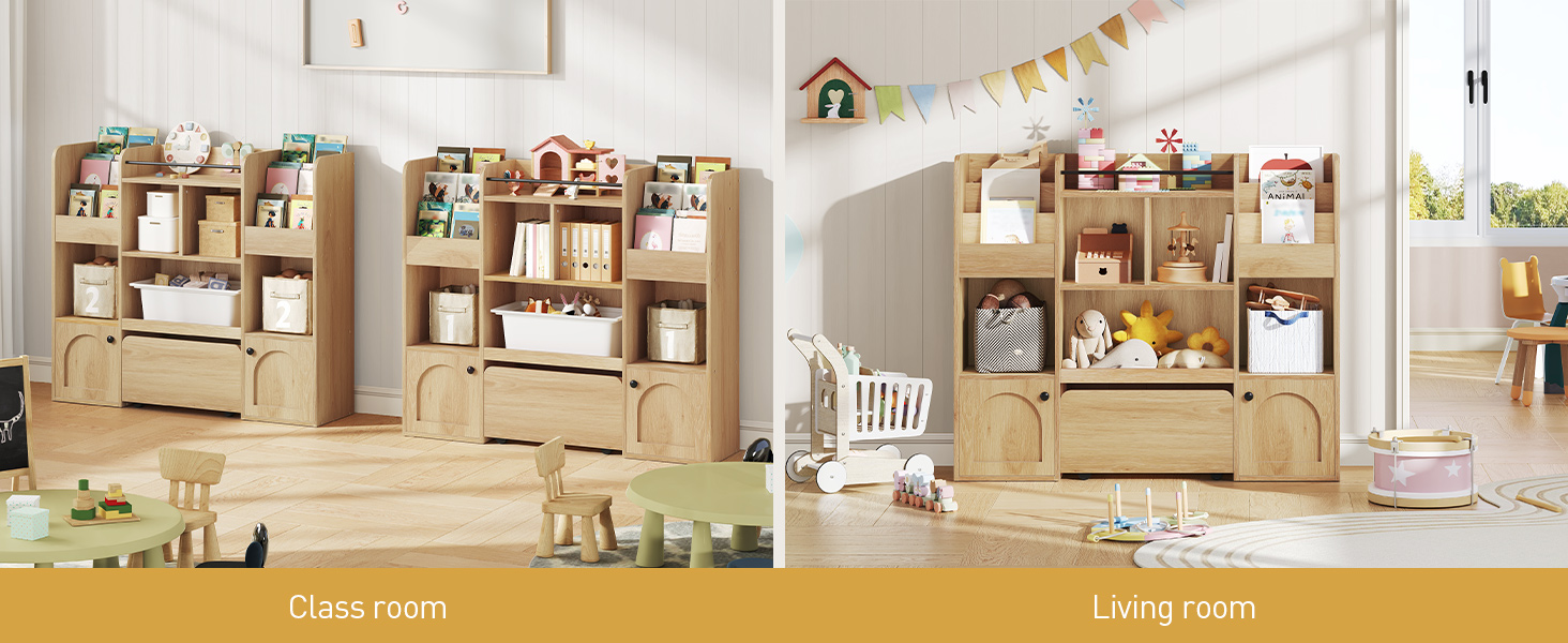 RALGEND Kids Bookshelf and Toy Storage, Toy Storage Organizer with Movable Drawers, Toy Storage Cabinet with 5 Cubbies, Hidden Wheels, Multifunctional Toy Organizer for Playroom, Nursery, Natural