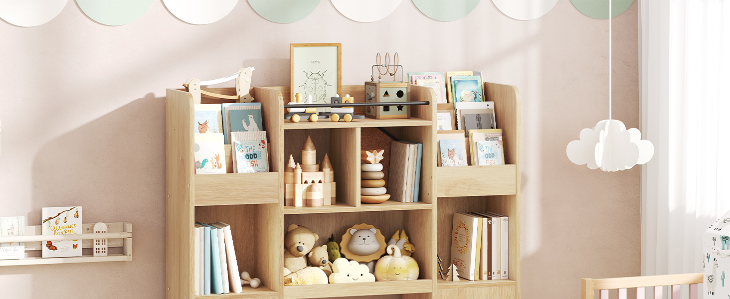 RALGEND Kids Bookshelf and Toy Storage, Toy Storage Organizer with Movable Drawers, Toy Storage Cabinet with 5 Cubbies, Hidden Wheels, Multifunctional Toy Organizer for Playroom, Nursery, Natural