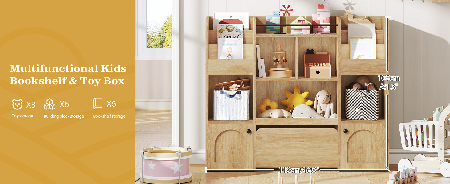 RALGEND Kids Bookshelf and Toy Storage, Toy Storage Organizer with Movable Drawers, Toy Storage Cabinet with 5 Cubbies, Hidden Wheels, Multifunctional Toy Organizer for Playroom, Nursery, Natural