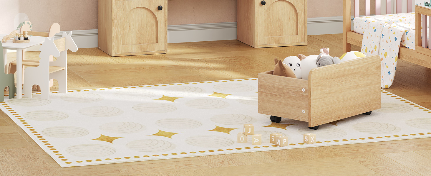 RALGEND Kids Bookshelf and Toy Storage, Toy Storage Organizer with Movable Drawers, Toy Storage Cabinet with 5 Cubbies, Hidden Wheels, Multifunctional Toy Organizer for Playroom, Nursery, Natural