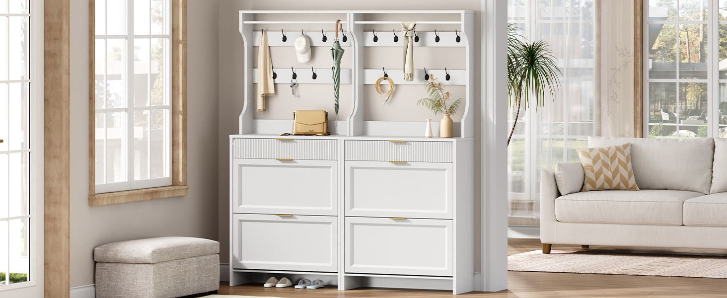 RALGEND Hall Tree with Shoe Storage, Shoe Cabinet with Coat Rack, Coat Rack with Shoe Storage, Shoe and Coat Rack for Entryway, Narrow Hidden Shoe Storage Cabinet with 2 Flip Drawers, White