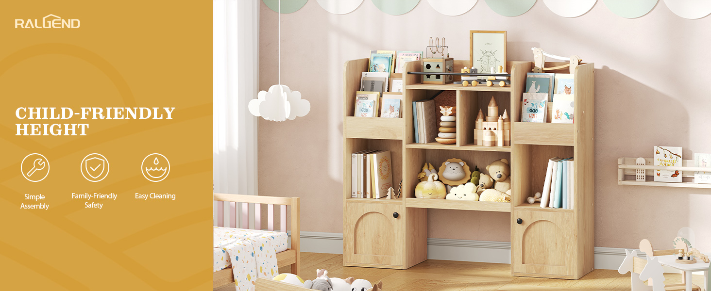 RALGEND Kids Bookshelf and Toy Storage, Toy Storage Organizer with Movable Drawers, Toy Storage Cabinet with 5 Cubbies, Hidden Wheels, Multifunctional Toy Organizer for Playroom, Nursery, Natural
